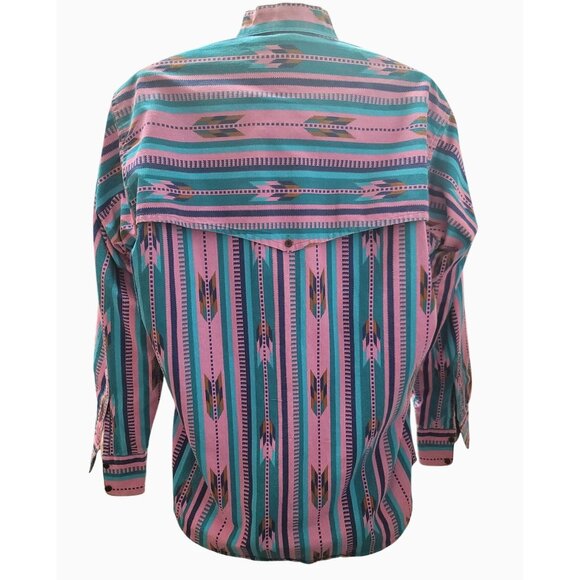 Vintage Ruddock Bros Western Shirt Large Aztec Print Pink & Teal 100% Cotton - Picture 2 of 8